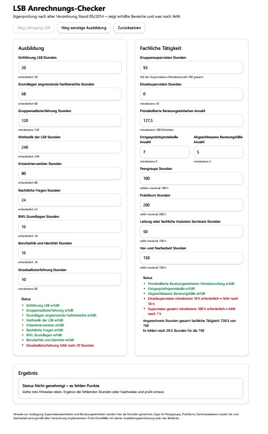 Berechne deine bisherigen Stunden als angehender LSB mit dem LSB Gewerbe Anrechnungs Checker von Volker Ehmann