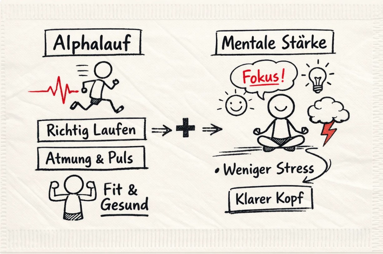 Infografik Alphalauf und Mentale Stärke von movehmann: Darstellung von richtigem Laufen, Atmung und Puls für weniger Stress, Fokus und einen klaren Kopf.