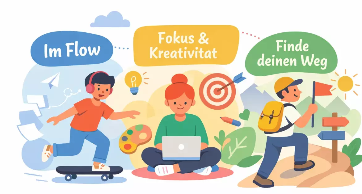 Flow erleben im Alltag mit Fokus Kreativität und persönlicher Entwicklung Illustration zur Steigerung von Konzentration und mentaler Stärke