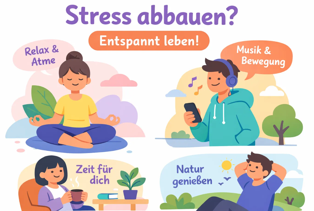 Stress abbauen im Alltag durch Entspannung Atmung Bewegung Natur und Pausen Illustration zur Stressreduktion und mentalen Stärke
