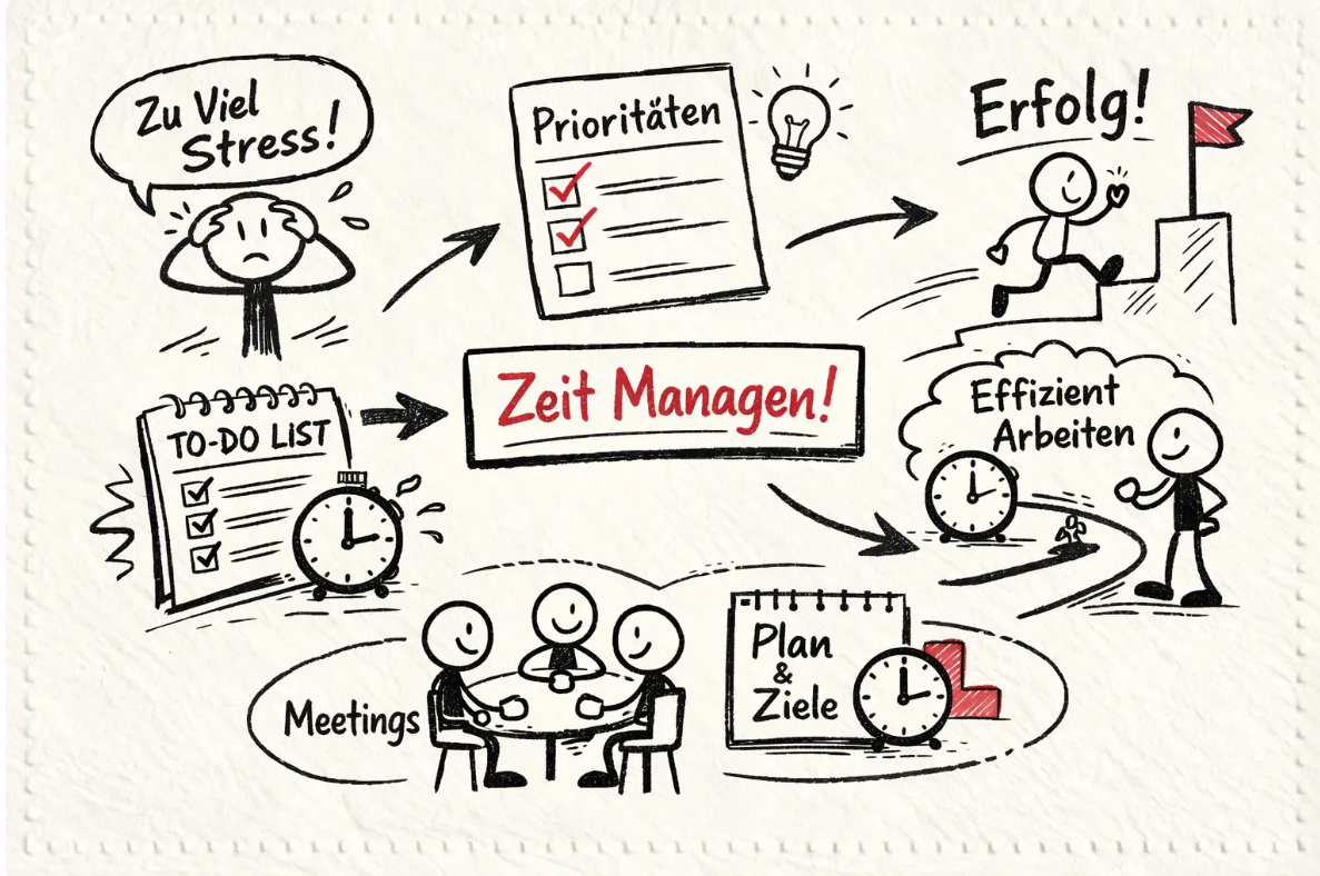 Die Illustration im Sketchnote-Stil zeigt den Weg von der Überlastung zur Effizienz. Auf der linken Seite ist eine gestresste Person zu sehen, die sich den Kopf hält. Verschiedene Pfeile führen über zentrale Zeitmanagement-Elemente wie eine Checkliste für Prioritäten, eine To-Do-Liste, eine Meeting-Runde und einen Plan für Ziele. Das Zentrum bildet der rote Schriftzug "Zeit Managen!". Auf der rechten Seite führt der Prozess zu einer lächelnden Person, die erfolgreich eine Treppe erklimmt, sowie dem Schlagwort "Effizient Arbeiten".