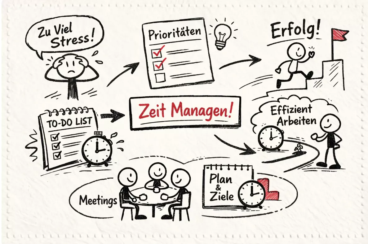 Handgezeichnete Infografik zum Thema Zeitmanagement für Führungskräfte: Von 'Zu viel Stress' über Methoden wie Prioritäten, To-Do-Listen, effiziente Meetings und Zeitplanung hin zu 'Effizient Arbeiten' und beruflichem Erfolg.